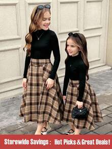 SHEIN Teen Girl Solid Stand Collar Long Sleeve Top And Plaid Print Mini Skirt 2-Piece Set Fall Winter - Black - View 1