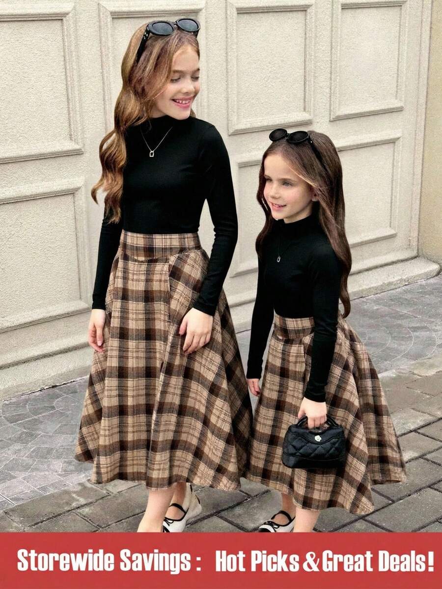 SHEIN Teen Girl Solid Stand Collar Long Sleeve Top And Plaid Print Mini Skirt 2-Piece Set Fall Winter - Black - View 1