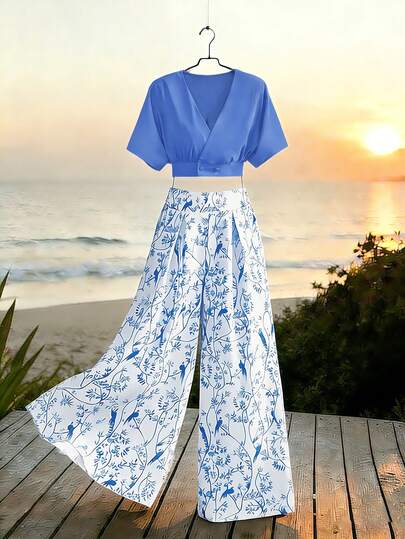 Rafferiza 2pcs/Set Women's Summer V-Neck Short Sleeve Button Top And High Waist Wide Leg Pants Suit