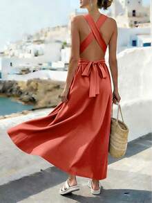 Franclia 女士夏季露背金属装饰系带裹身连衣裙，夏季连衣裙，度假休闲时尚优雅连衣裙，外套，度假连衣裙，露背连衣裙，夏季长裙 - 橘色 - 查看 2