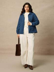 Juhart Plus Size Women's Solid Color Long Sleeve Zip-Up Wool Casual Jacket, Autumn/Winter - Blue - View 4