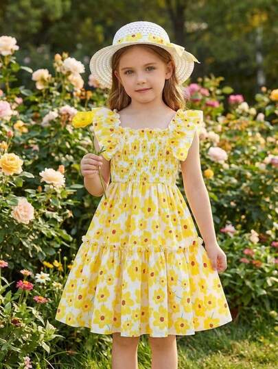 Elladie kids Young Girls' Colorful Ditsy Floral Fitted Midi Dress, Suitable For Mexican Children's Day & Summer Seasonal Change Yellow Princess Dress Young Girl Dresses Girls Lemon Dress Vintage Dress For Kids Yellow Kids Dress Tea Party Dress Girl