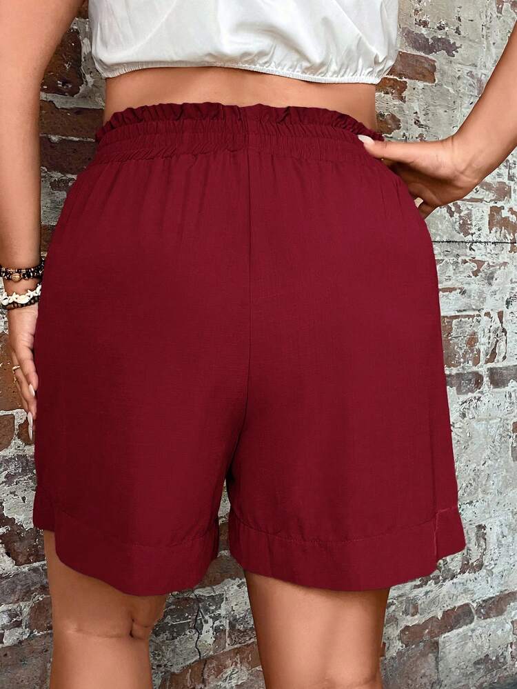 Plus Size Women Solid Color Frill Trim Pocket Loose Casual Shorts Summer Outfit For Women