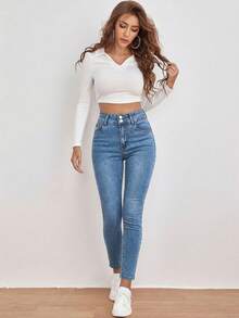 Breezaya High Waist Slant Pocket Skinny Black Jeans - Medium Wash - View 5