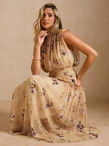 Enchnt 女士法式碎花休闲无袖收腰连衣裙 - 黃色 - 查看 2