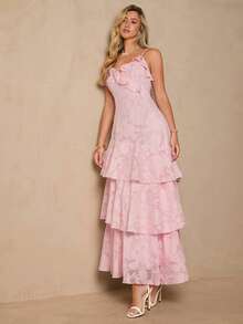 Enchnt 女士镂空拼接荷叶边下摆优雅吊带裙 - 粉色 - 查看 5