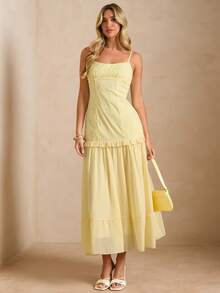 Enchnt Đầm hai dây nữ mùa hè kiểu dáng thường ngày, màu trơn, chất liệu jacquard, dáng suông. - Butter Yellow - Xem 3