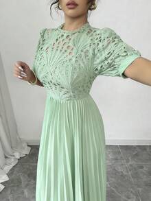 Rafferiza Đầm midi xếp ly màu trơn thanh lịch dành cho nữ, thích hợp dự tiệc. - Xanh nhạt - Xem 5