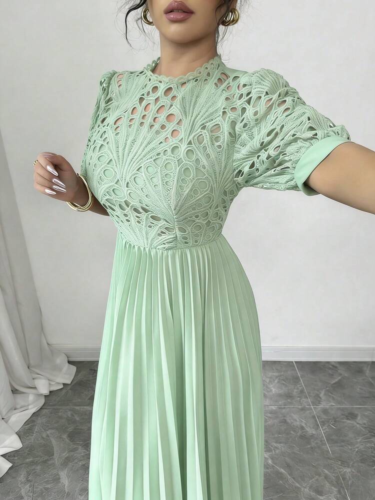 Rafferiza Women's Solid Color Pleated Elegant Waist Midi Dress For Party - Aqua Green - View 5