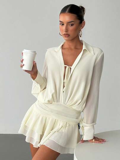 Siren Gaze Women Shirt Collar Tie Front Ruched Waist Layered Ruffle Hem Mini Dress, Elegant Ladies Dress, Wedding Guest Dress, Multi-Layer Ruffle Hem Design, Graceful Ladies Apparel,  Ruffle Mini Dress For Casual Brunch White Ruffle Dress White Mesh Dress Off White Dresses For Women White Long Sleeve Dress