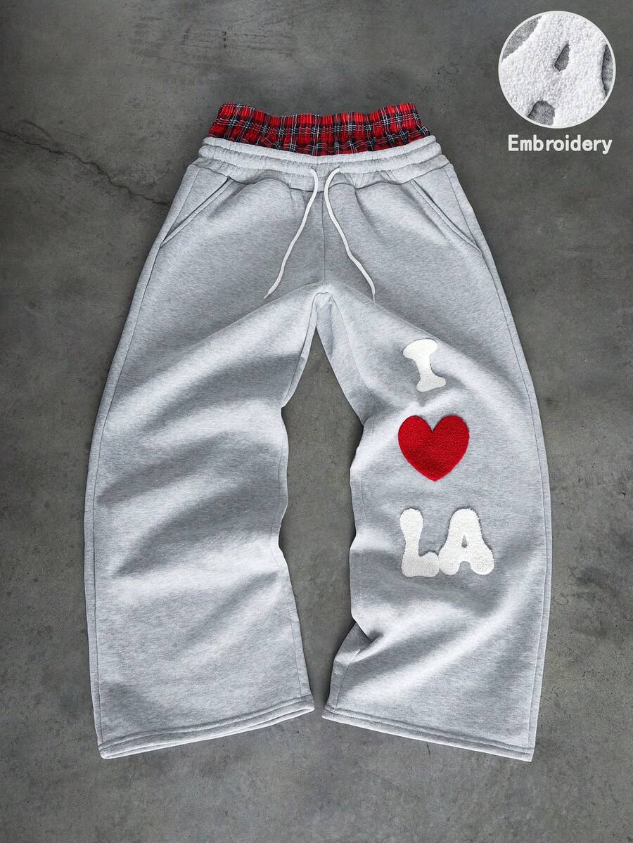 PAVTROS 男士街头风流行双腰格纹腰带，饰有“我爱你”3D毛巾刺绣，适合户外音乐节、日常出行、朋友聚会、送给男友/老公的礼物、周年纪念日，二合一浅灰色裤子 - 彩色 - 查看 1
