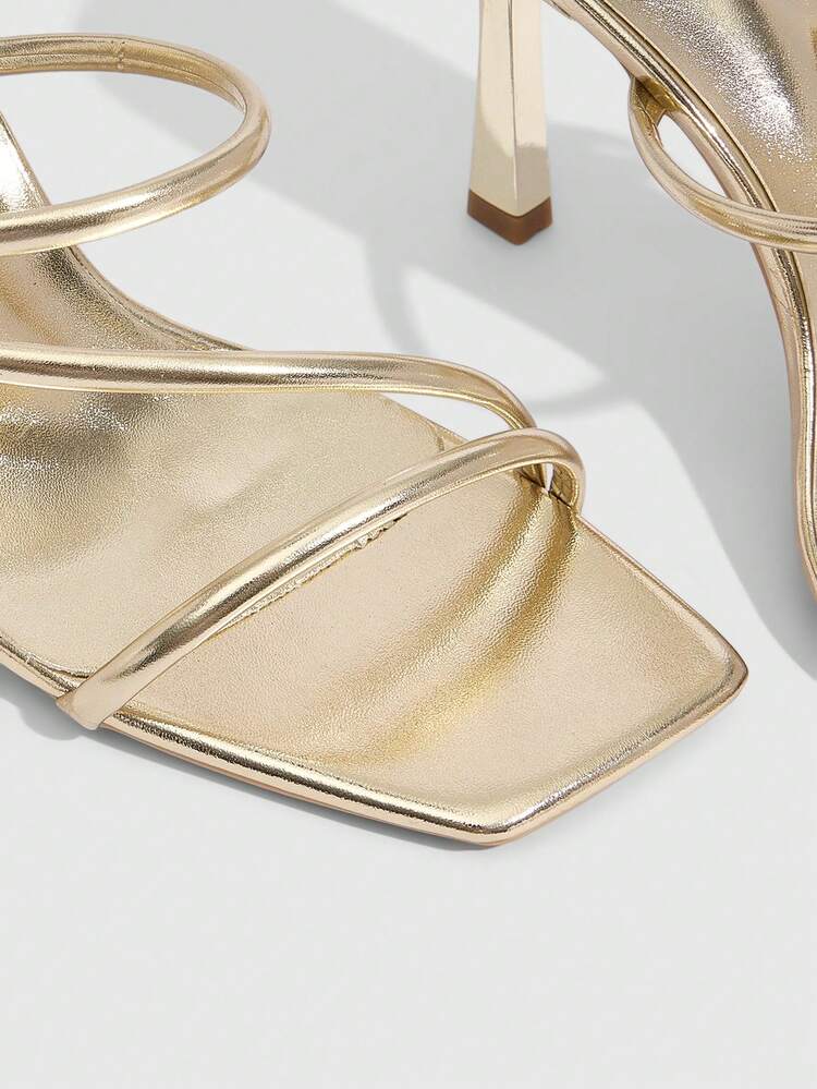 CUCCOO SZL Women Shoes Spring And Summer New Square Toe Slender Heel Gold Strap Women's High Heel Sandals Stylish Simple Comfortable Versatile Sexy Party Women's Sandals Slippers Women's Shoes