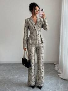 SHEIN Elenzya 女士复古皇家套装，包含外套和裤子两件套，蕾丝珍珠纽扣，长袖，适合约会、万圣节、返校季、Y2K、Grunge、春夏复古、职业装、教师装、节日、情人节等场合。 - 杏色 - 查看 4