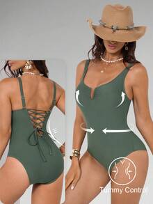 Shapewave Damen einfarbiger geraffter Badeanzug, lässiger Strand- und Poolbekleidung Damen Badeanzug, Damen Badeanzug mit voller Abdeckung und Bauchformung, Damen Badeanzüge mit Figurformung - Grün - Übersicht 3