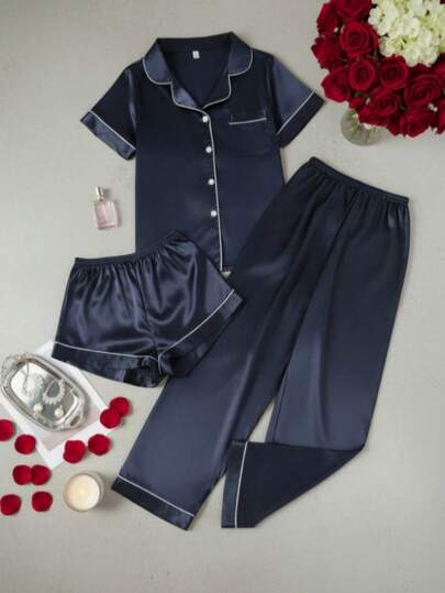 Set 3 piezas Conjunto de pijama de manga corta con cuello y estampado de corazones en rosa suave y negro, de estilo minimalista para mujer