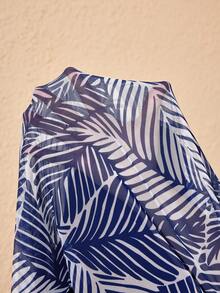 JIAN LASALA 夏季热带印花网纱单肩喇叭长袖修身长裙度假装 - 藍色 - 查看 7