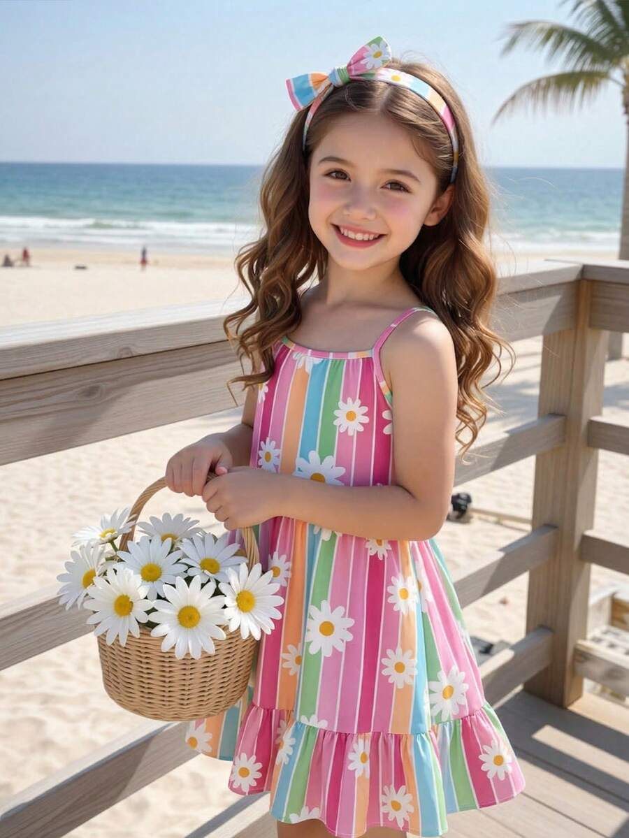SHEIN 1件适合4-7岁女孩的甜美活力/清新假日风彩虹条纹+雏菊印花无袖连衣裙,轻盈活泼,吸睛十足,适合日常穿着、上学、生日派对、野餐、儿童节、春夏秋季等场合。 - 彩色 - 查看 1