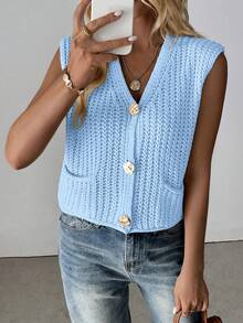 Breezaya Neue V-Ausschnitt gerippte Strickjacke Weste, modisch elegant und anmutig Damenkleidung - Babyblau - Übersicht 4
