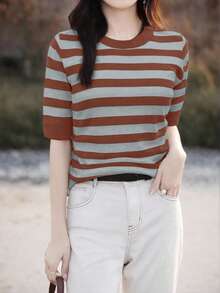EMERY ROSE Women's Casual Striped Short Sleeve Pullover Sweater - Rust Brown - View 5