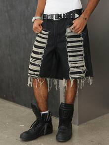 Manfinity EMRG Distressed Denim Shorts, Unisex American Casual Style - Black - View 5