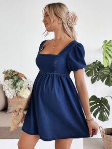 SHEIN Đầm bầu denim xanh tay cánh hoa - Rửa tối - Xem 7
