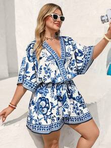 Vivid Eden Mono informal con estampado floral de talla grande - Azul y blanco - Ver 7