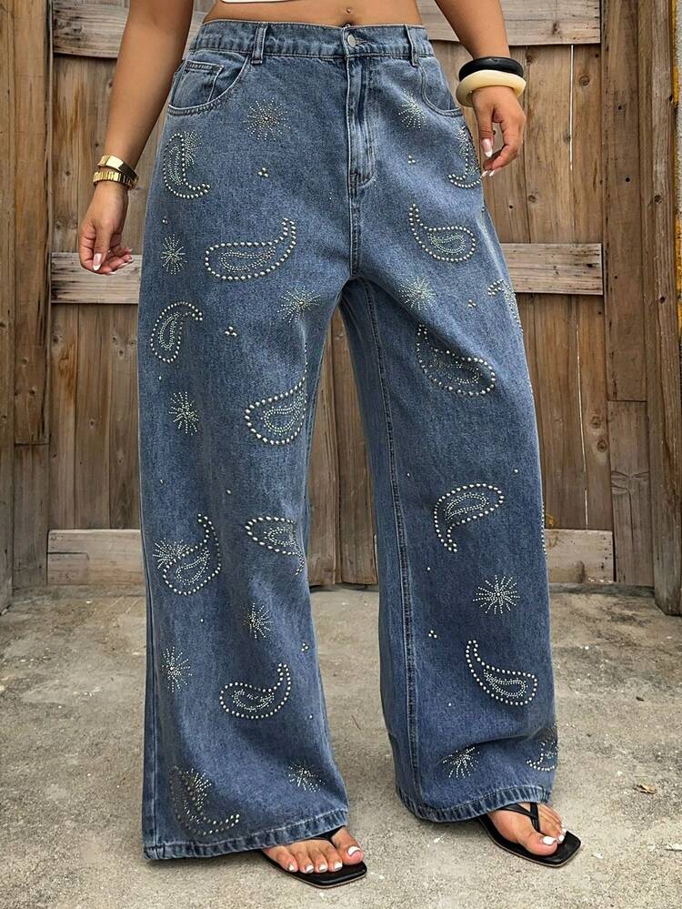 Dazy Plus Rhinestone Embroidered Design Loose Fit Long Casual Jeans, Retro Denim