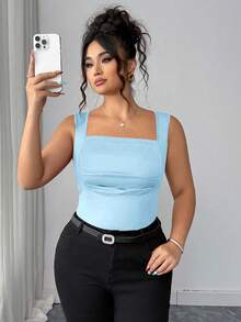 Elenzga Camiseta de punto de cuello cuadrado de unicolor casual de talla grande para verano - Celeste - Ver 1