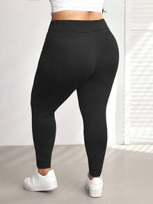 SHEIN CURVE+ 加大码侧袋运动瑜伽弹力紧身裤，透气面料，夏季 - 黑色 - 查看 9