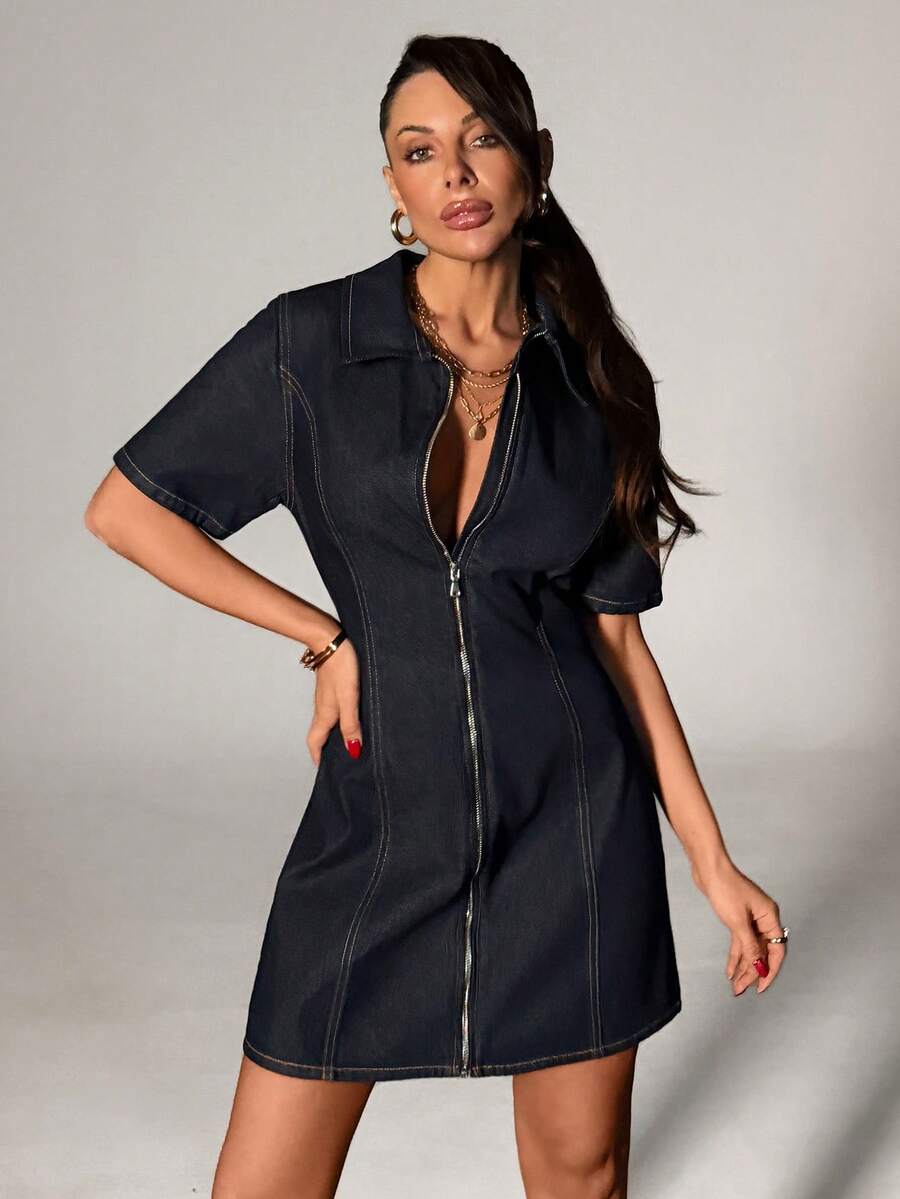 Summer Casual Front Zipper Denim Dress - Dark Wash - View 1