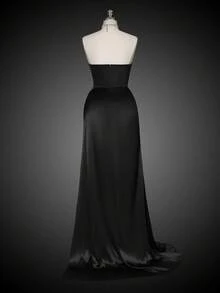 Đầm satin không dây đeo vai, đính đá lấp lánh, xẻ tà cao dành cho nữ - màu đen - Xem 10