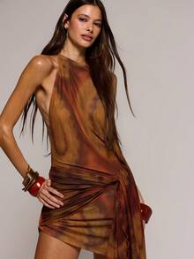 MUSERA Đầm ngắn ôm sát cổ cao, xếp ly, in họa tiết Paisley nhăn, gợi cảm, thích hợp cho mùa xuân hè, hẹn hò, đi club, lễ hội, kỳ nghỉ, du lịch. - Nhiều màu - Xem 2