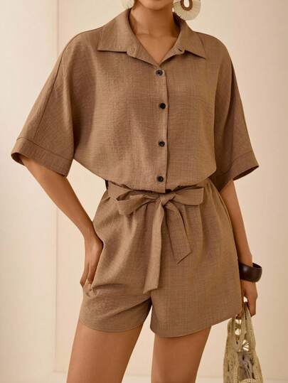 Vesra Macacão Casual Feminino de Manga Larga Solta com Cinto, Gola Lapela, Manga Curta e Cintura Alta, em Tecido Texturizado