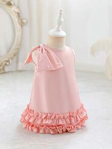 SHEIN Glamorique Kids 女婴优雅蝴蝶结3D花朵装饰无袖连衣裙，适合婚礼、派对、生日、度假、拍照、夏季等场合 - 粉色 - 查看 6