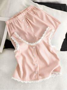 少女舒适日常基础款INS风条纹吊带背心+短款蕾丝拼接套装 - 粉色 - 查看 1