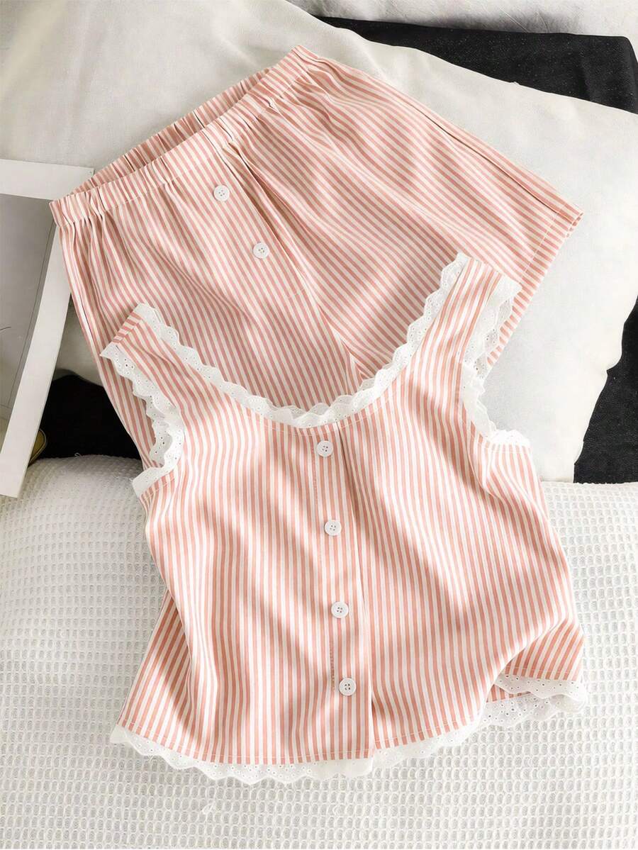 少女舒适日常基础款INS风条纹吊带背心+短款蕾丝拼接套装 - 粉色 - 查看 1