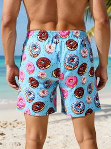 Surfspeed Men's Donut Print Drawstring Waist Beach Shorts - Blue - View 2