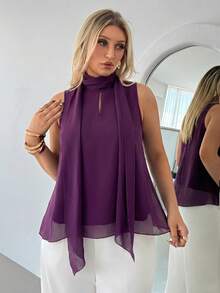 Auralis 大码女士夏季优雅纯色无袖系带衬衫 - 中紫紅色 - 查看 3