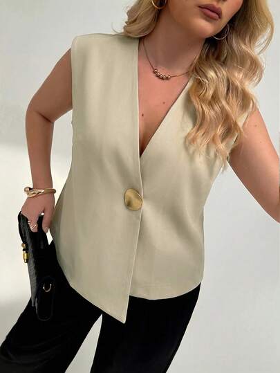 SHEIN Essnce Plus Size Solid Color Minimalist Sleeveless Blazer