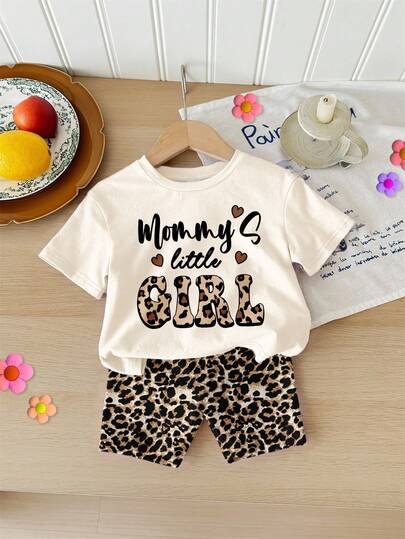 SHEIN Cute "Mama's Little Girl" Letter Print, Cream White, Retro Leopard Pattern, Young Girl Casual Minimalist Round Neck Loose Short Sleeve T-Shirt And Bike Shorts Set, Suitable For Spring/Summer Daily Wear, Travel, Outfit, Vacation, Outdoor, Farm, Chill Chill