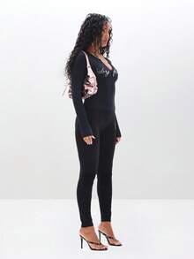 BABYPHAT Plus Size Long Sleeve Notch Neck Rhinestone Baby Girl Text Top Winter Casual Statement Tee - Black - View 3