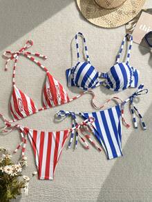 Swim Vcay Bộ áo liền quần 4 món gồm hai dây, chất liệu vải mềm, kẻ sọc, in họa tiết và thêu, có dây buộc. - Nhiều màu - Xem 1