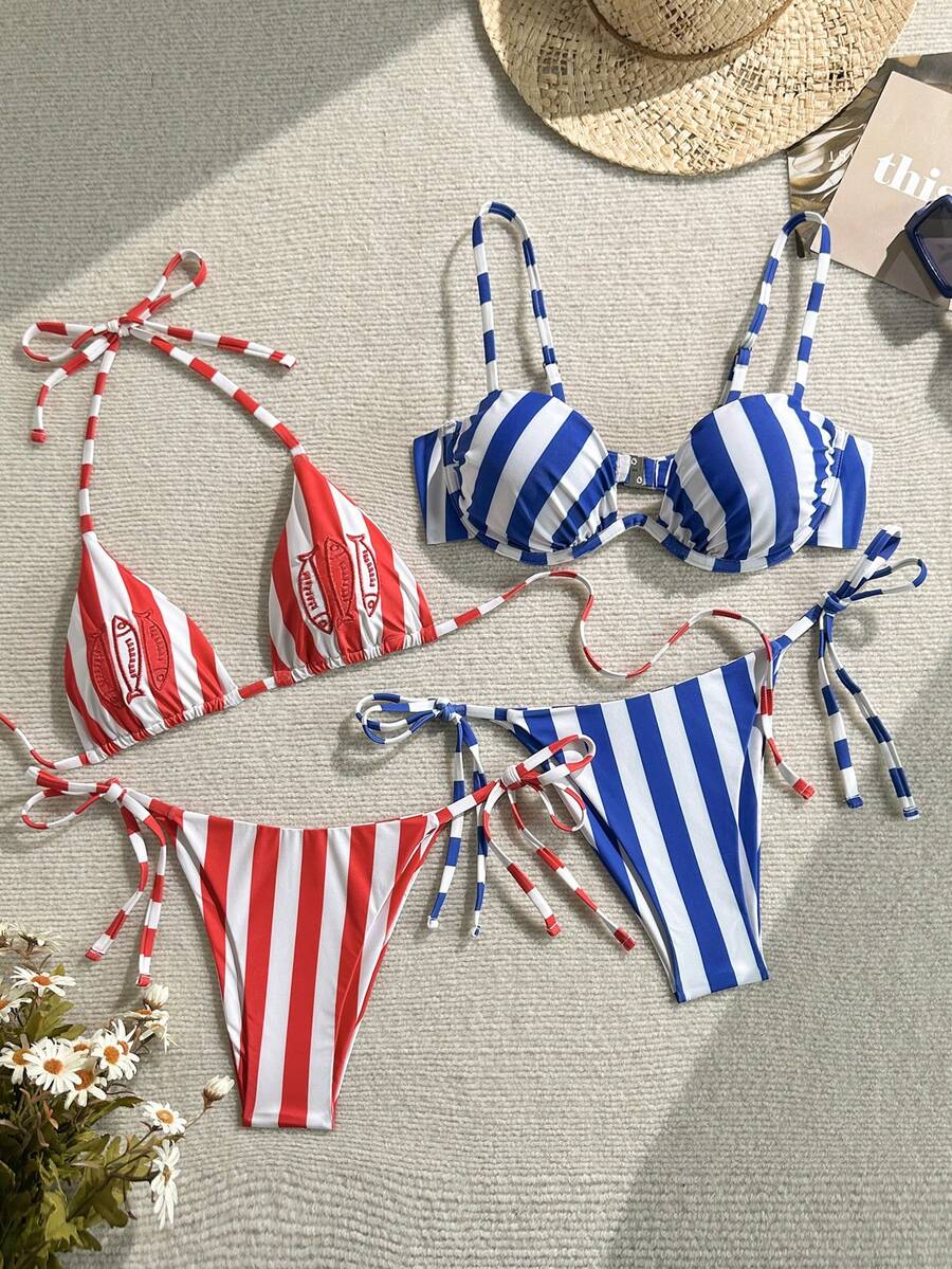 Swim Vcay Bộ áo liền quần 4 món gồm hai dây, chất liệu vải mềm, kẻ sọc, in họa tiết và thêu, có dây buộc. - Nhiều màu - Xem 1