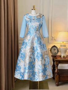 Ellevyn 女士圆领提花复古优雅派对中长连衣裙 - 湖藍色 - 查看 3