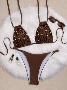 Swim Vcay Bộ bikini hai mảnh dành cho nữ, kiểu dáng yếm cổ yếm hở lưng, đính hạt cườm, gồm áo hở lưng và quần tam giác cạp thấp có thể điều chỉnh. - màu nâu - Xem 8