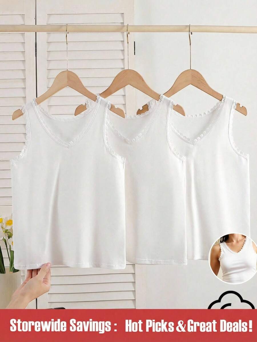 SHEIN 3 件套青少年女孩优雅甜美纯白色蕾丝吊带背心，柔软棉质 - 白色 - 查看 1