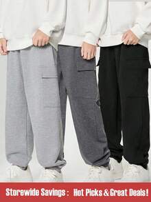 SHEIN 3pcs/Set Tween Boys' Casual Solid Cargo Pocket Drawstring Baggy Sweatpants, School, Campus, College Chic Autumn/Winter - Multicolor - View 1