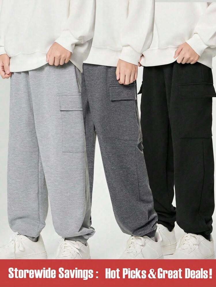 SHEIN 3pcs/Set Tween Boys' Casual Solid Cargo Pocket Drawstring Baggy Sweatpants, School, Campus, College Chic Autumn/Winter - Multicolor - View 1