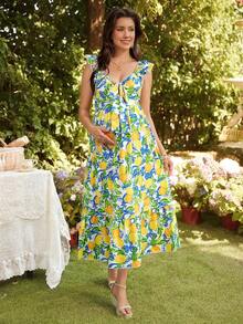 SHEIN 波西米亚风孕妇连衣裙，泡泡袖，腰部系带，春夏休闲度假装 - 彩色 - 查看 6