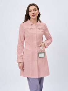 Scrubzie Anti-Wrinkle Long Sleeve Shirt Collar Multi-Pocket Women's Scrub Uniform Jacket - Pink - View 3